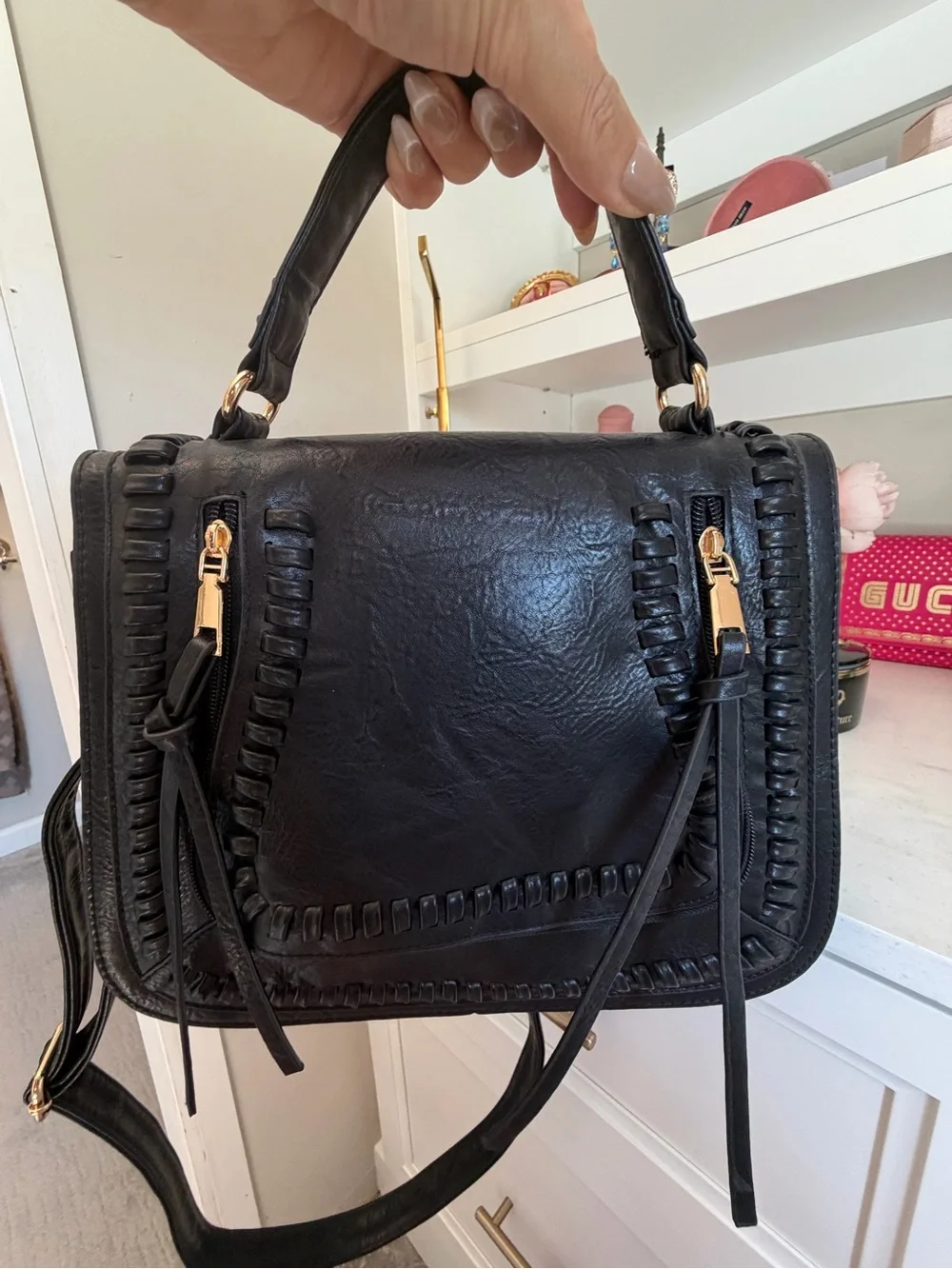 Women's Black vegan Leather Top-Handle Satchel - Stylish crossbody Handbag